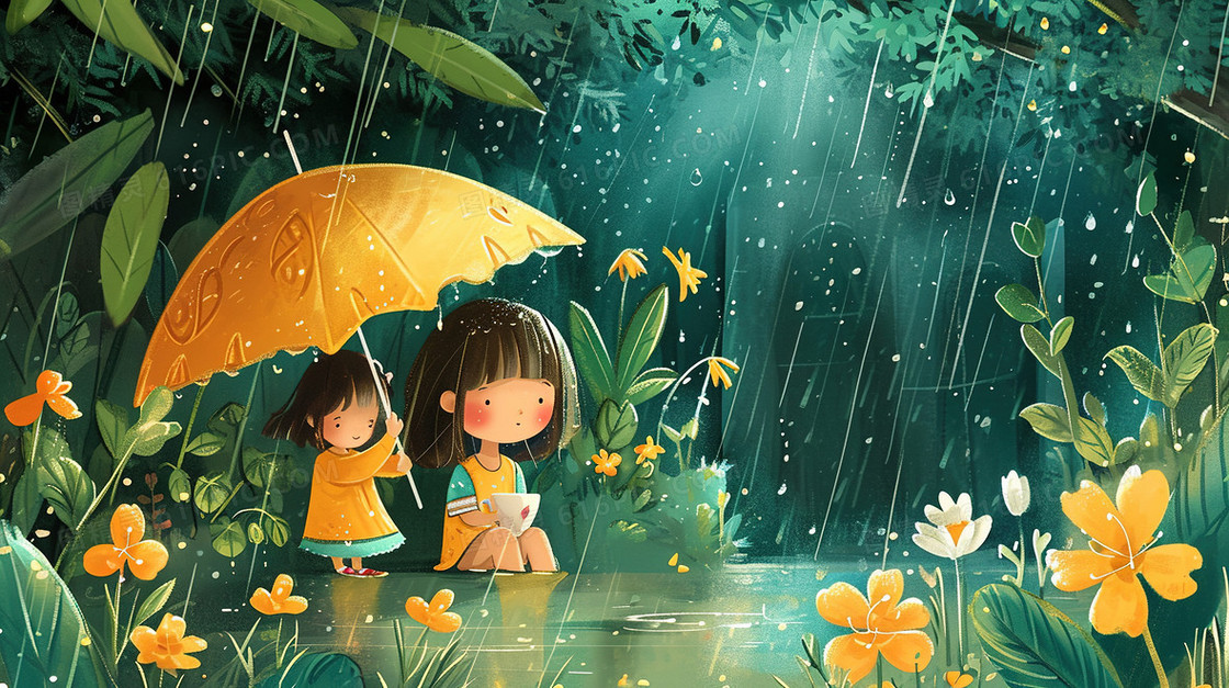 雨中撑着打伞女孩插画