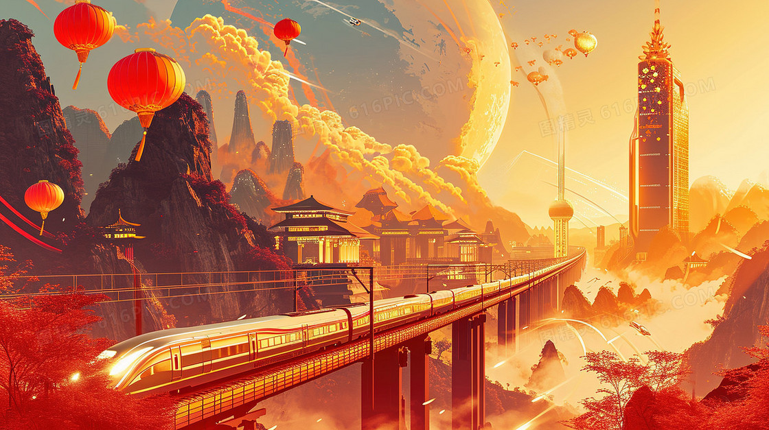 国潮春运铁路交通运输风景创意插画