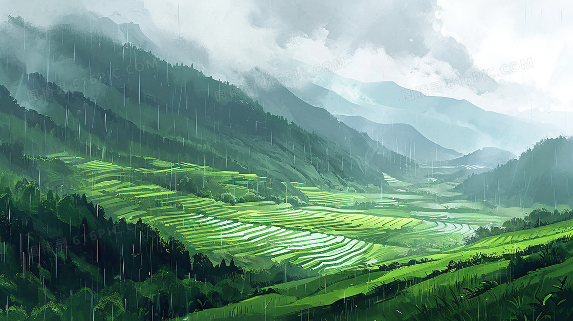 翠绿雨后的茶山风景插画