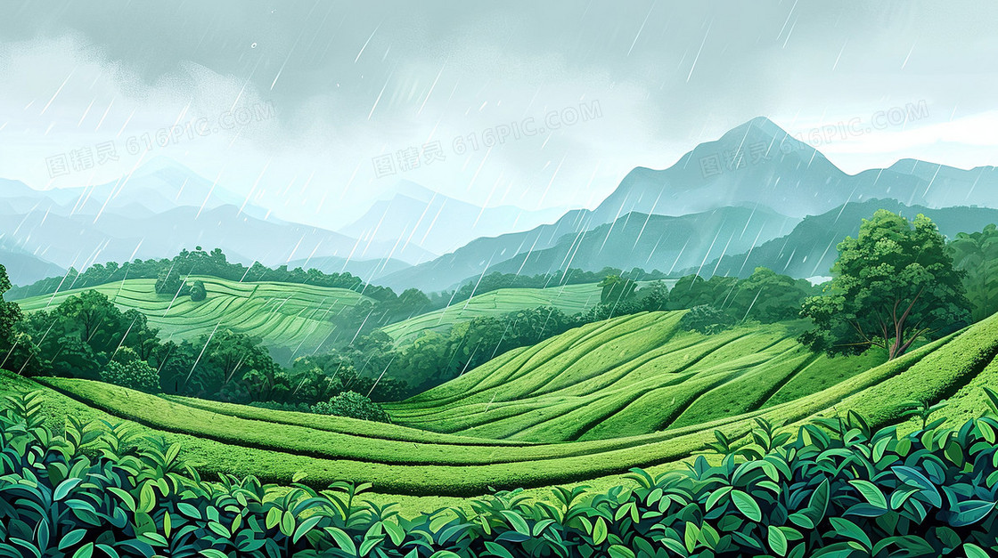 翠绿雨后的茶山风景插画