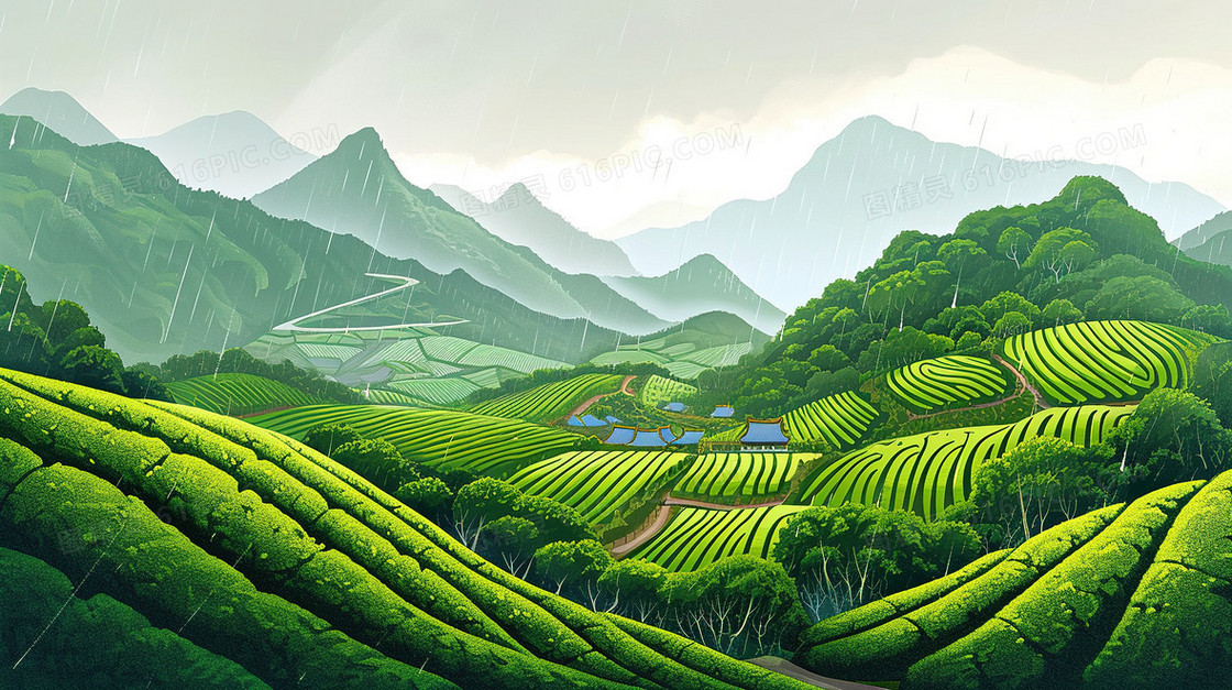 翠绿雨后的茶山风景插画