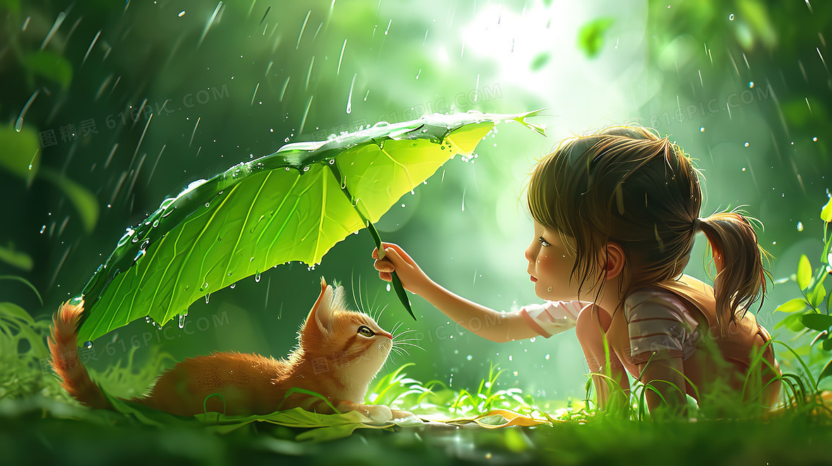 雨中撑着打伞女孩和小猫插画