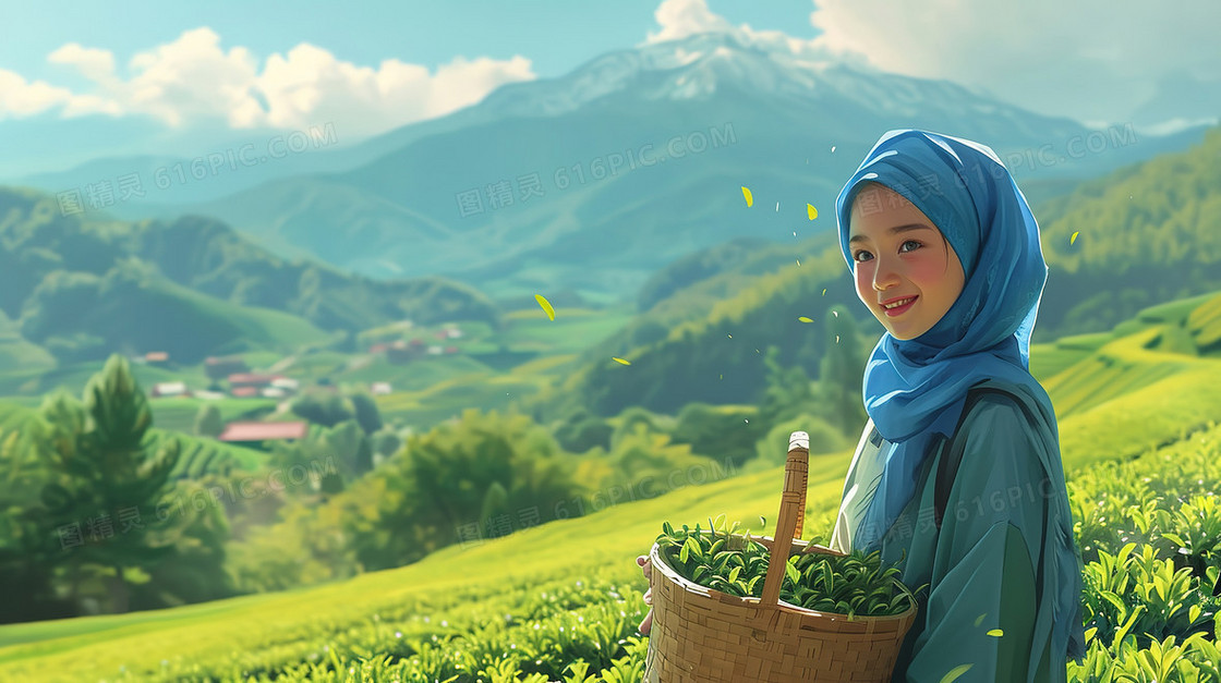 蓝绿色戴头巾采茶的采茶少女插画
