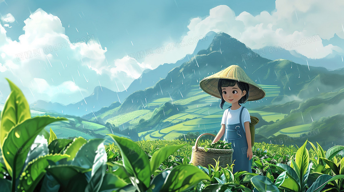 蓝绿色戴草帽的采茶少女插画