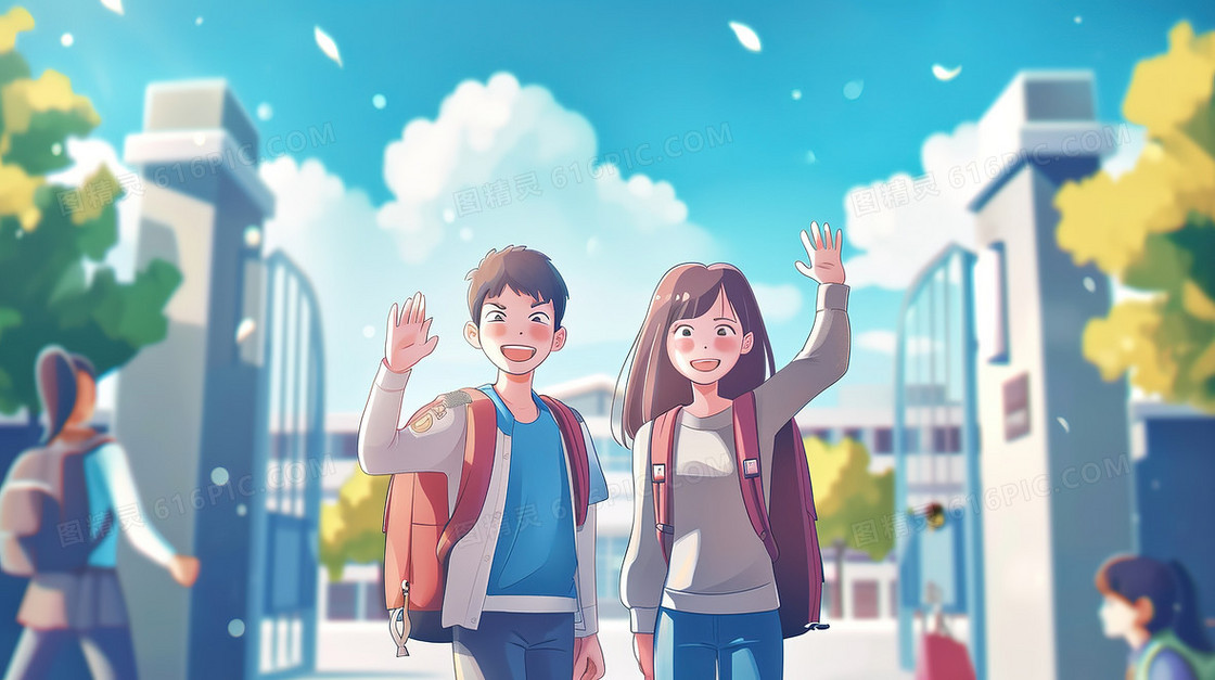 新学期开学大学生校门口报道插画