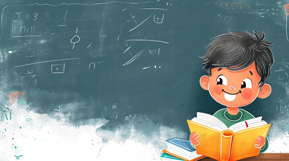 彩色黑板前读书的男孩插画