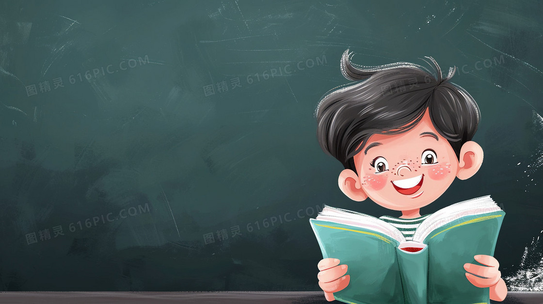彩色黑板前读书的男孩插画