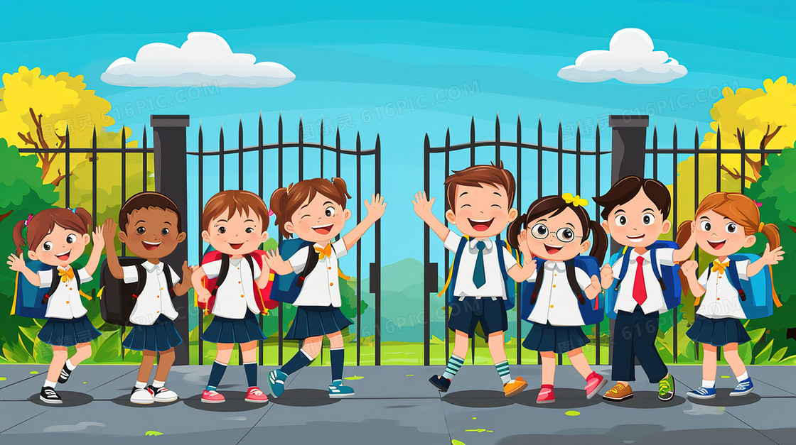 开学季小学门口学生欢呼插画