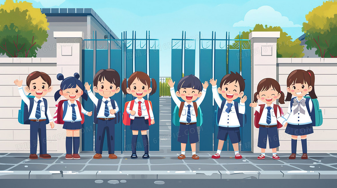 开学季小学门口学生欢呼插画