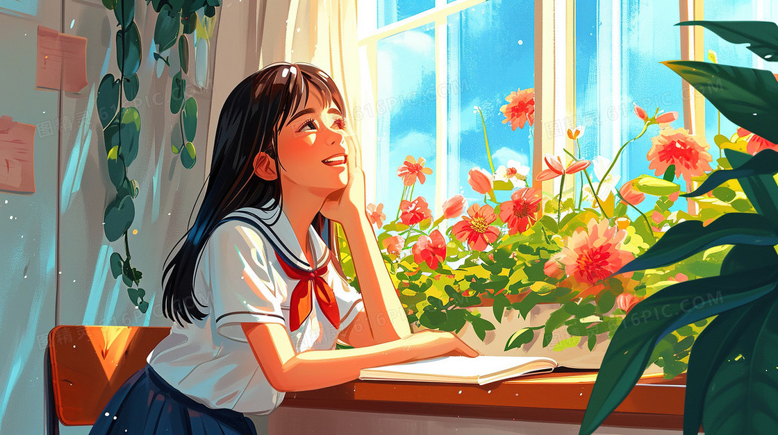 开学坐在窗边学习的女孩插画