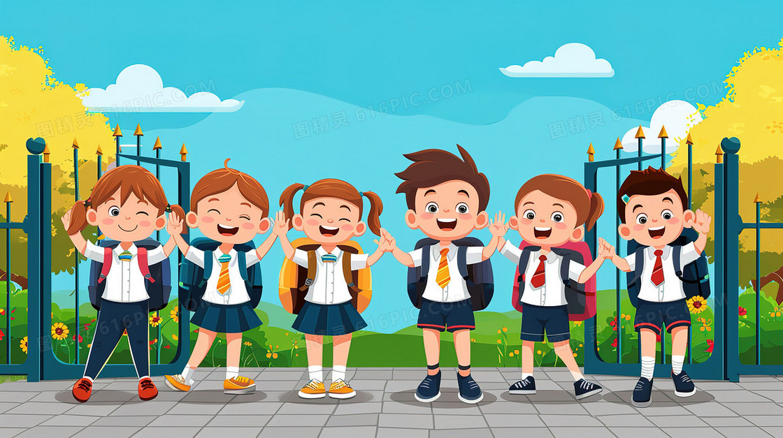 开学季小学门口学生欢呼插画