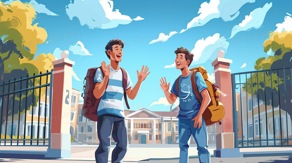 新学期开学大学生校门口报道插画