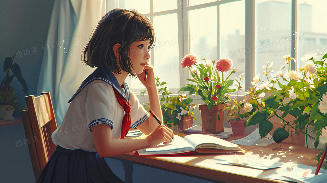 开学坐在窗边学习的女孩插画