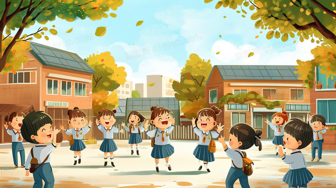 开学季新学期校园内小学生插画
