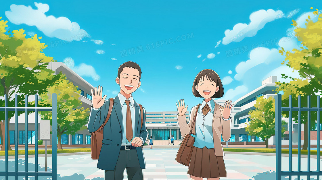 新学期开学老师和大学生校门口报道插画