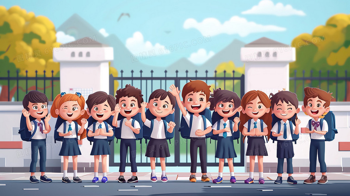 开学季小学门口学生欢呼插画