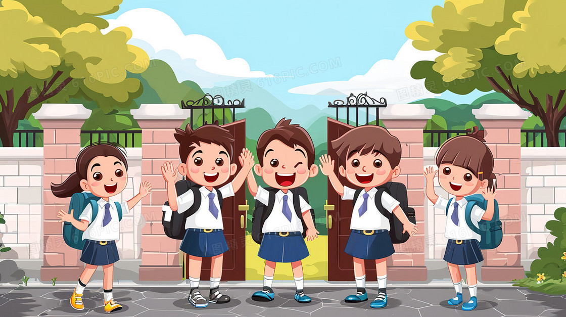 开学季幼儿园门口的儿童插画