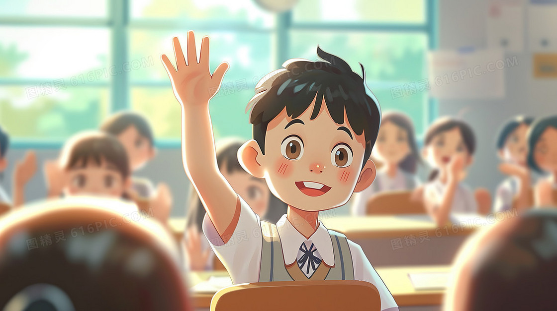 新学期第一课课堂举手男孩插画