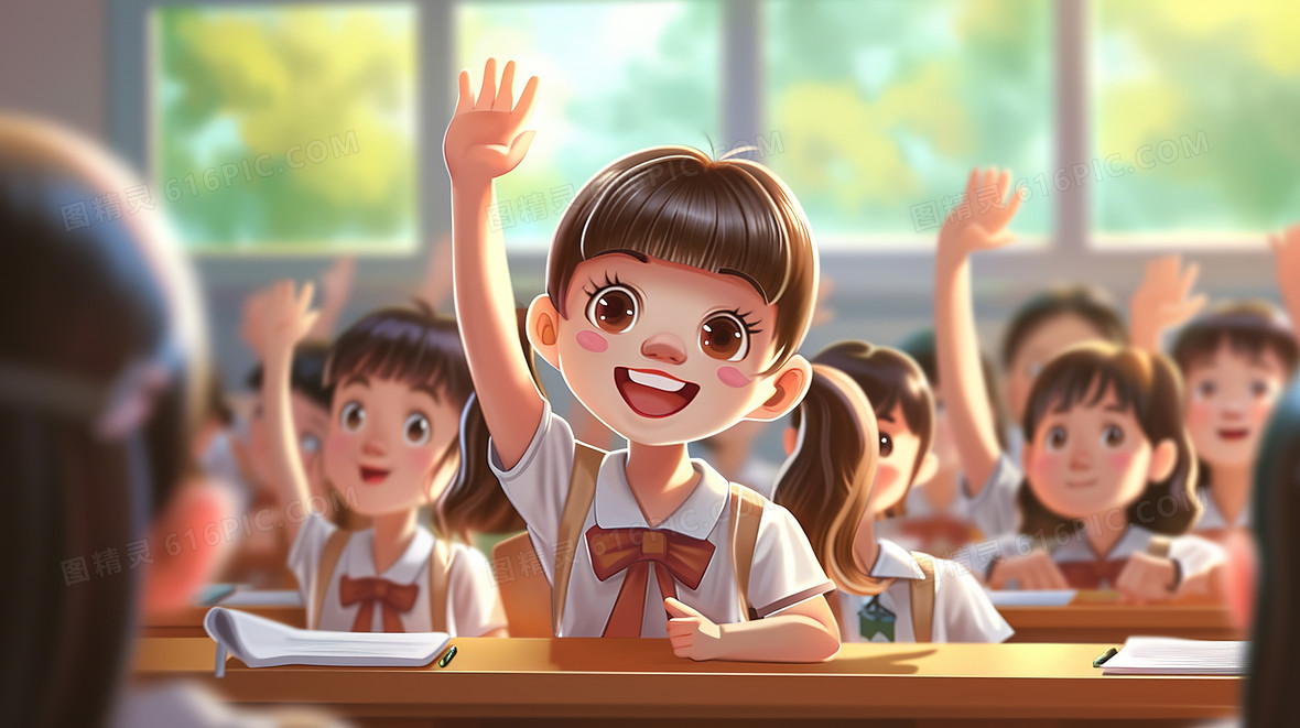 新学期第一课课堂举手女孩插画