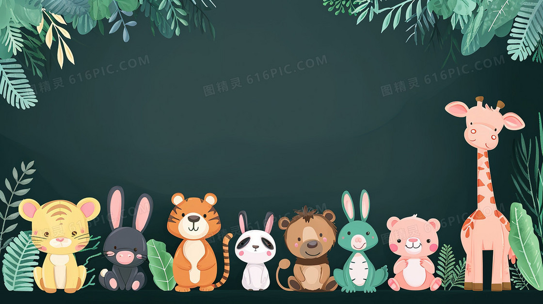 彩色整齐排列的可爱动物黑板插画