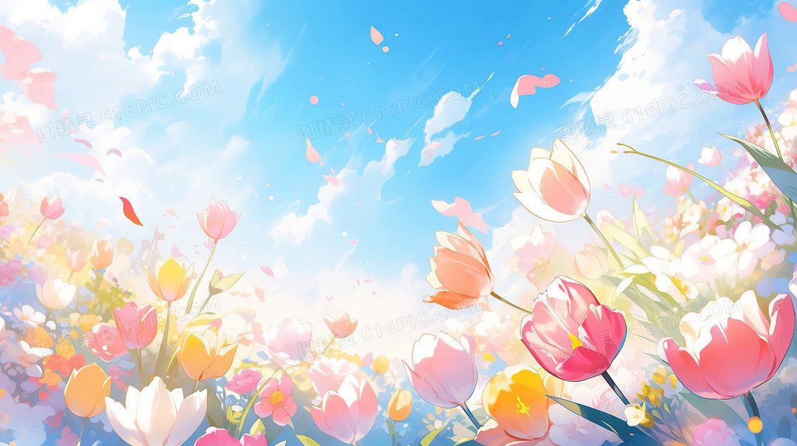 彩色唯美清新春天郁金香花海插画