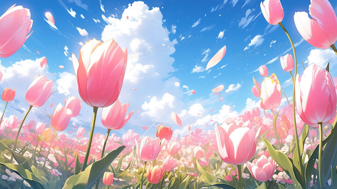 彩色唯美清新春天郁金香花海插画