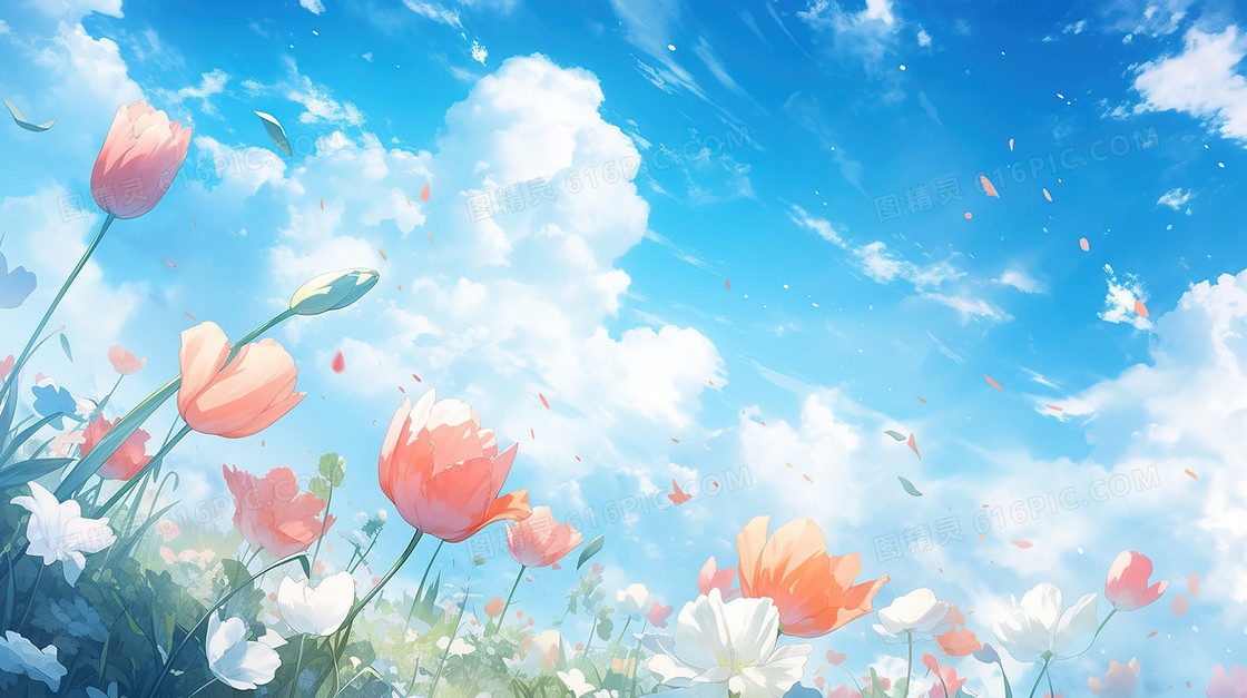 彩色唯美清新春天郁金香花海插画