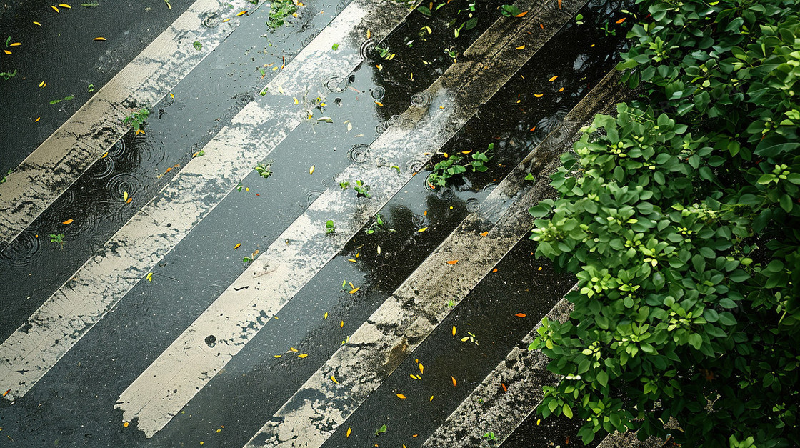 春季雨中的街道斑马线图片