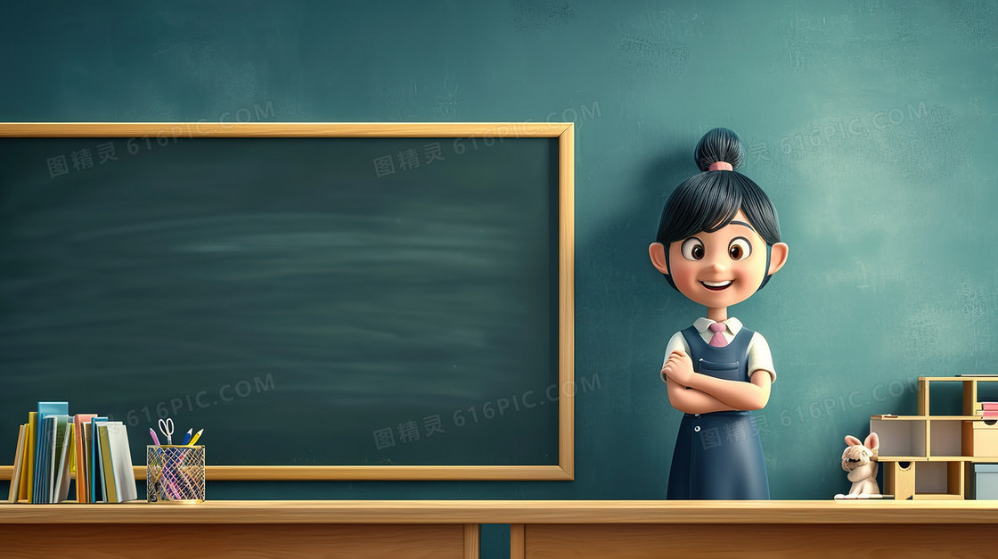 站在教师黑板前的女学生插画