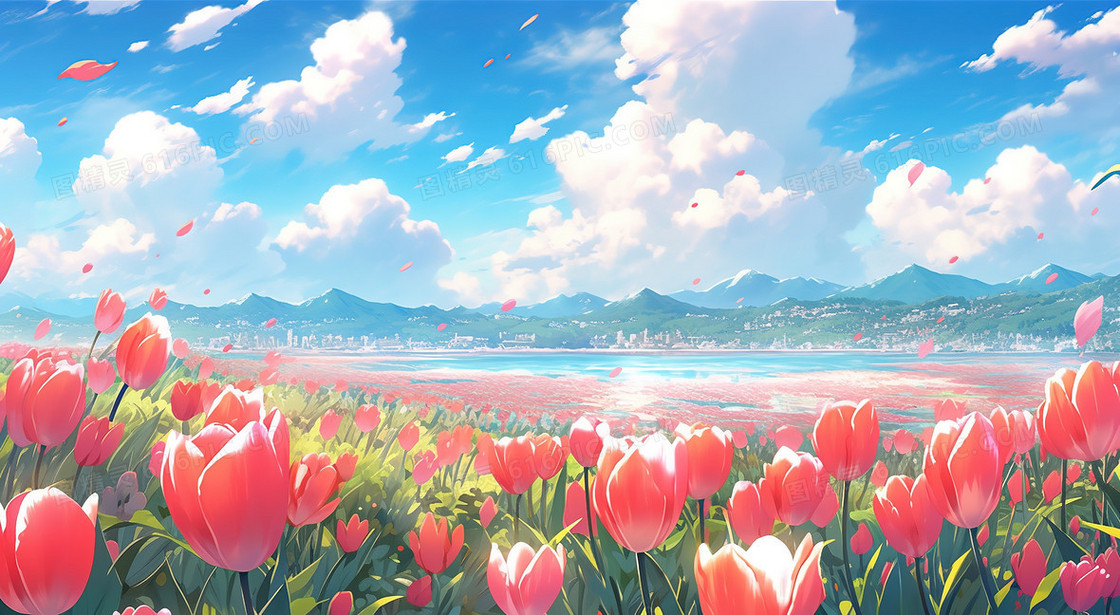彩色唯美清新春天郁金香花海插画