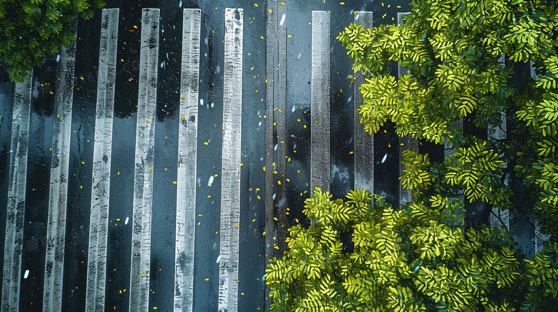 春季雨中的街道斑马线图片