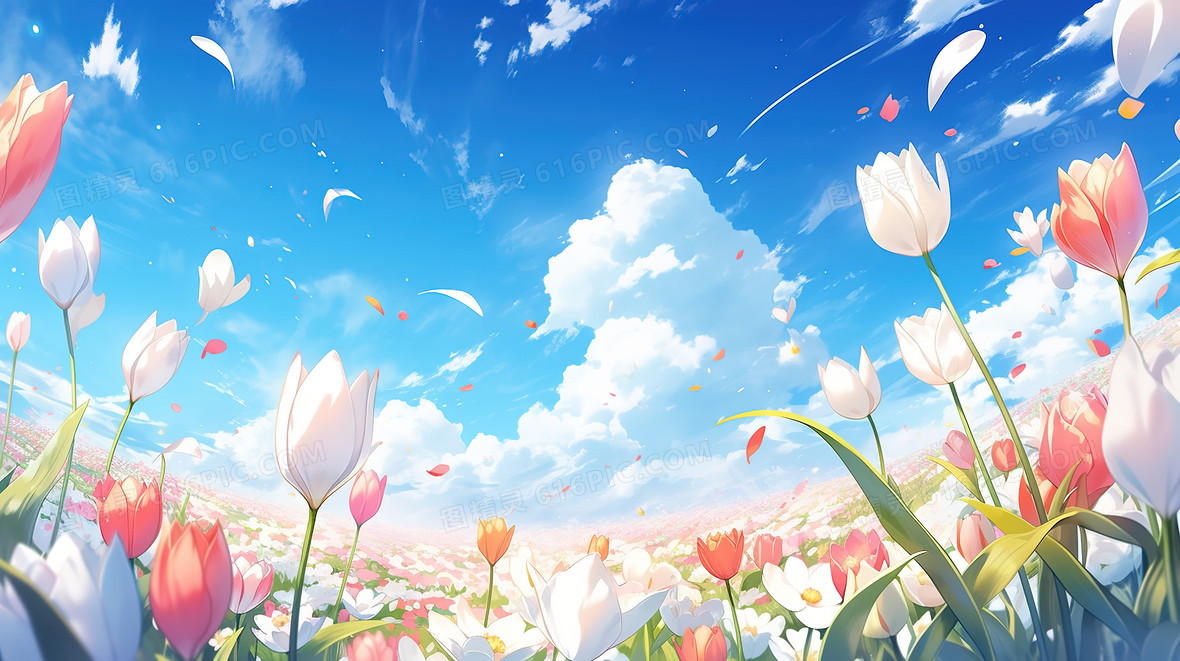 彩色唯美清新春天郁金香花海插画