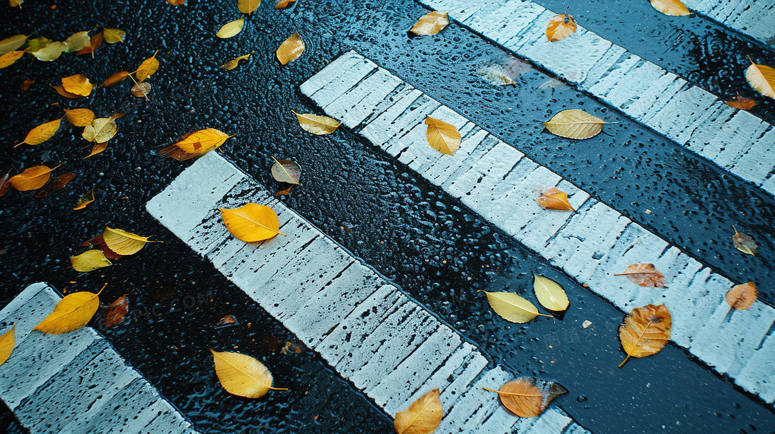 秋季雨中的落叶街道斑马线图片