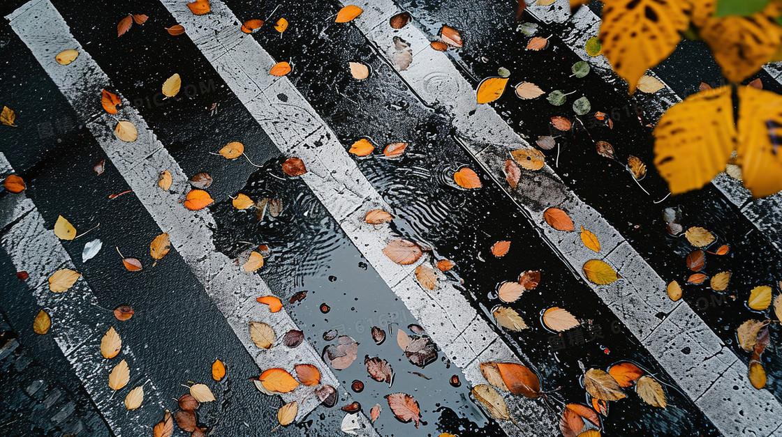 秋季雨中的落叶街道斑马线图片