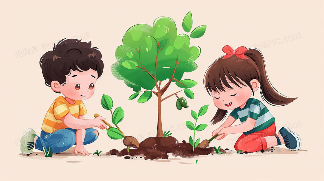 春季植树节种树苗研学旅行插画