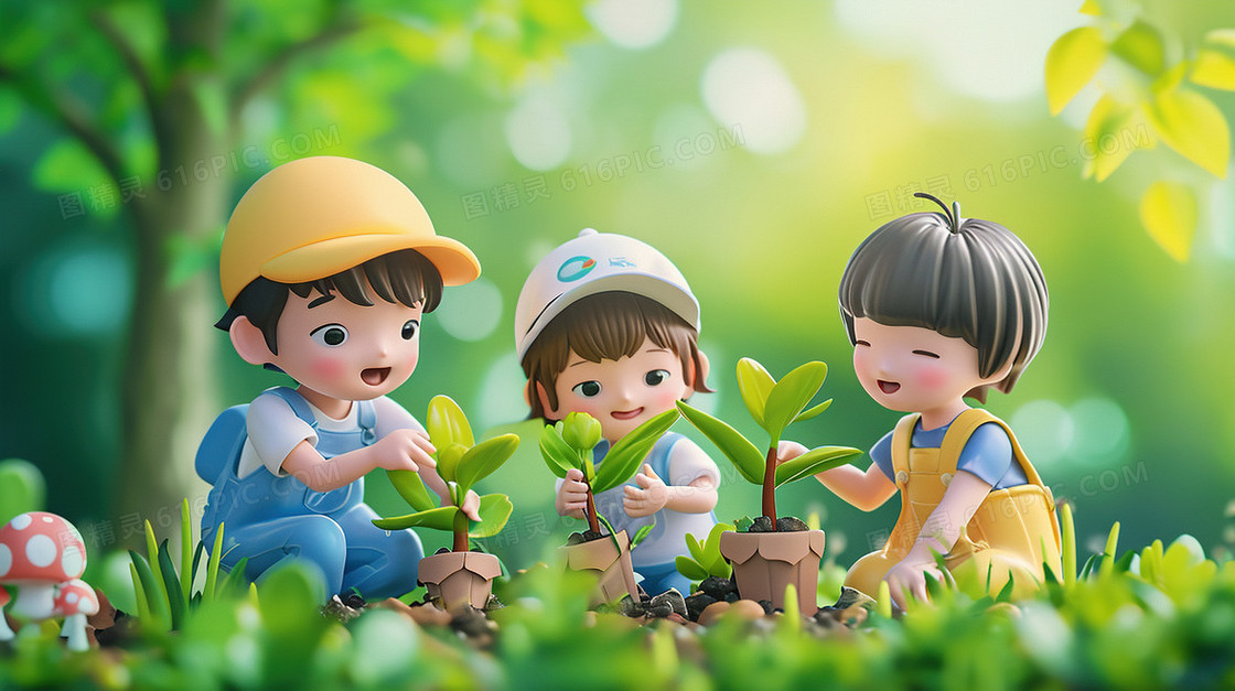 春天植树节种树苗研学旅行插画