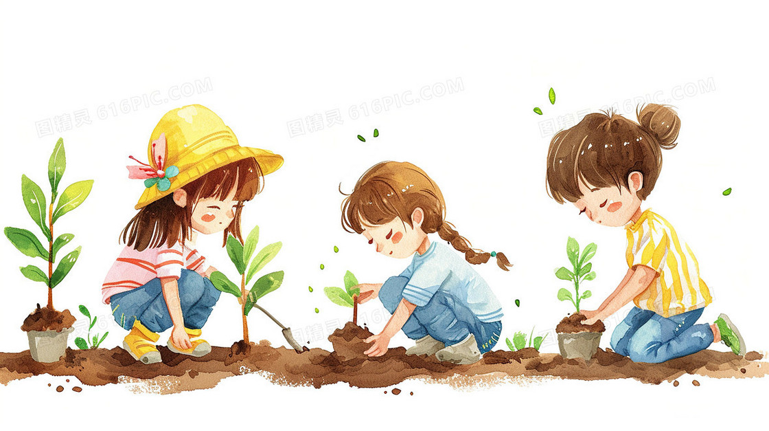 春季植树节种树苗研学旅行插画