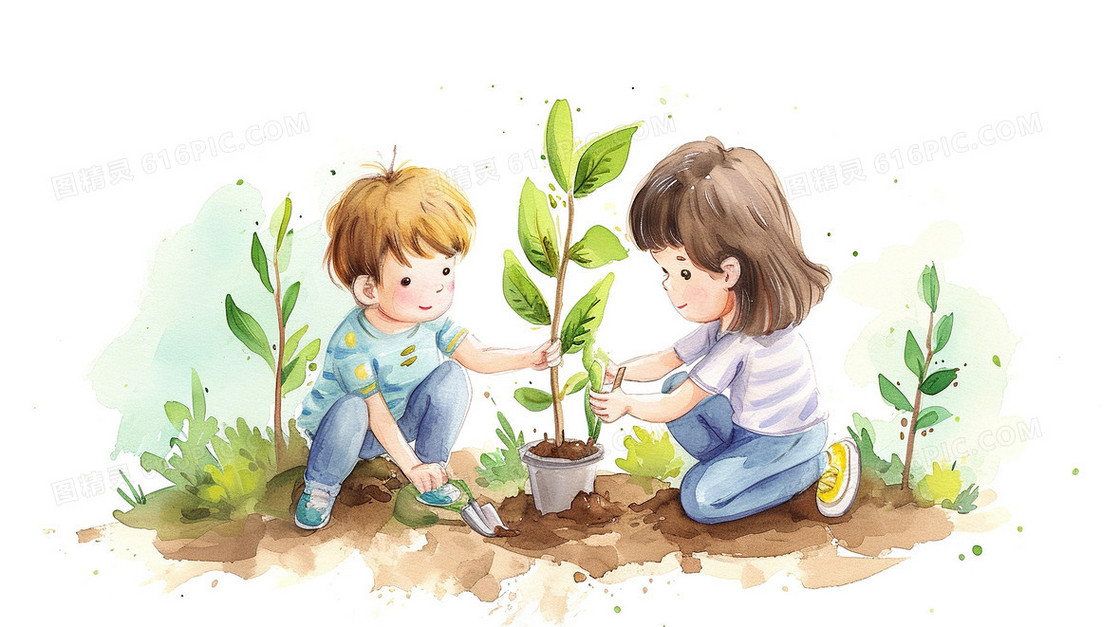 春季植树节种树苗研学旅行插画