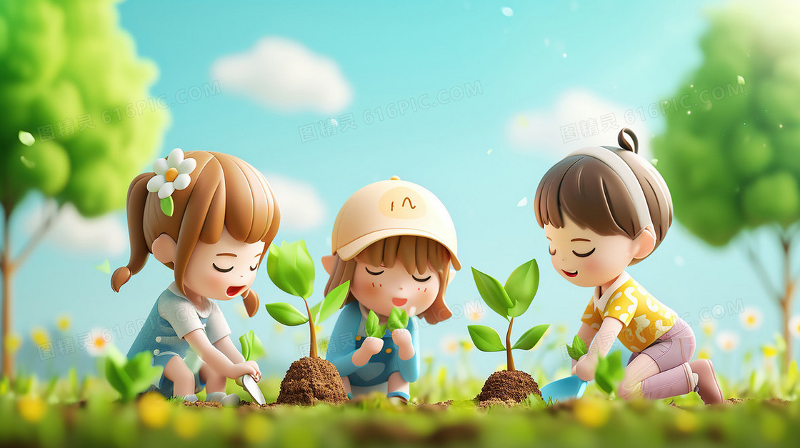 春天植树节种树苗研学旅行插画
