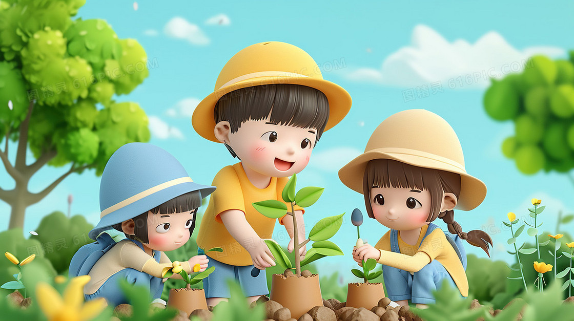 春天植树节种树苗研学旅行插画