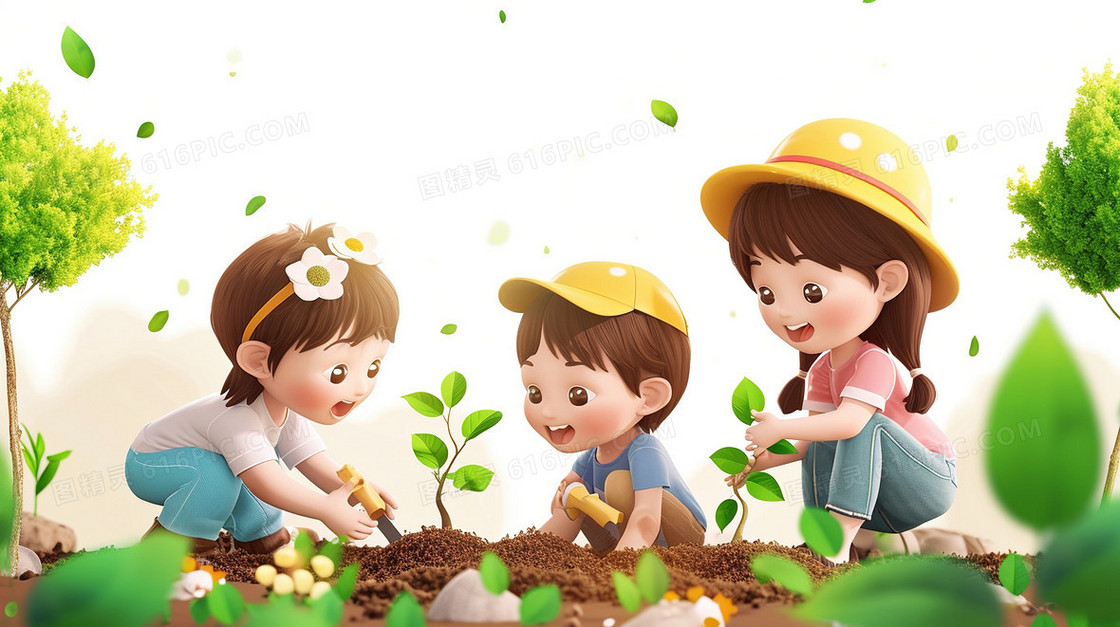 春天植树节种树苗研学旅行插画