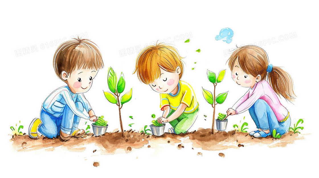 春天植树节种树苗研学旅行插画