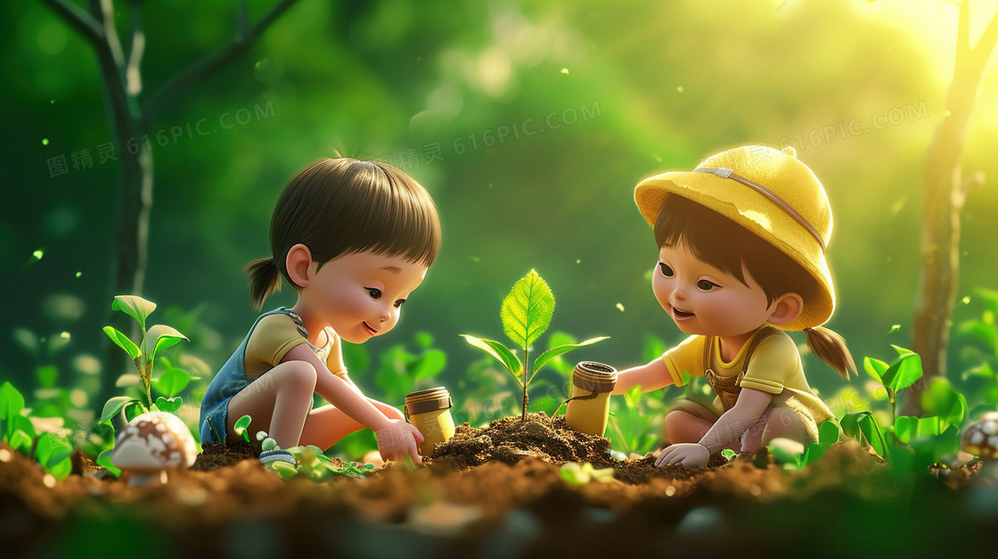 春天植树节种树苗研学旅行插画