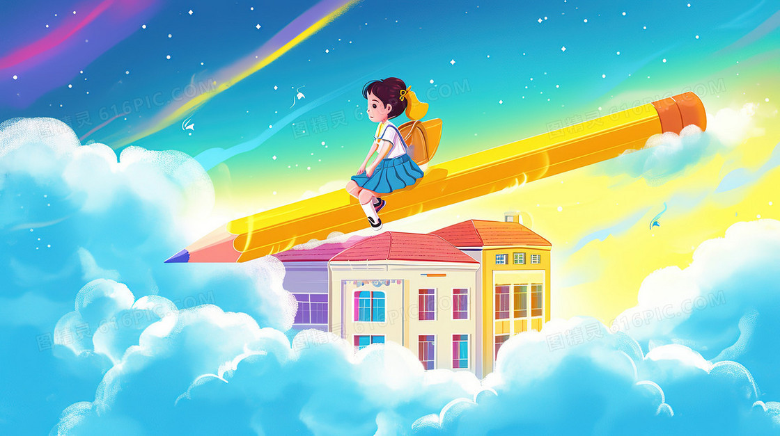 一个女孩在学校建筑上空的云层上骑着铅笔穿行插画