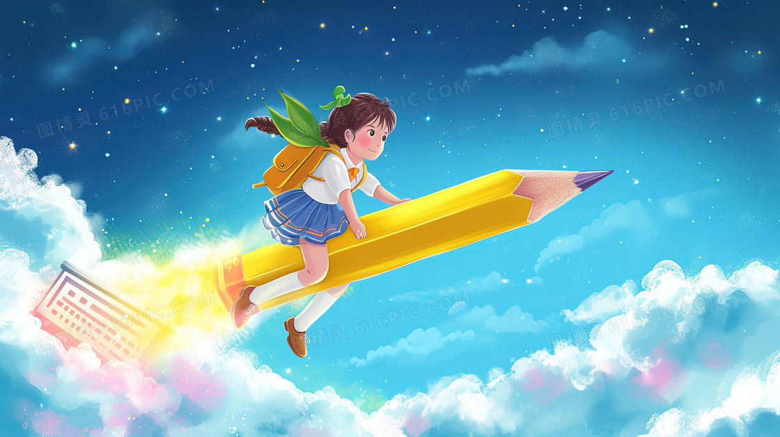 一个女孩在学校建筑上空的云层上骑着铅笔穿行插画