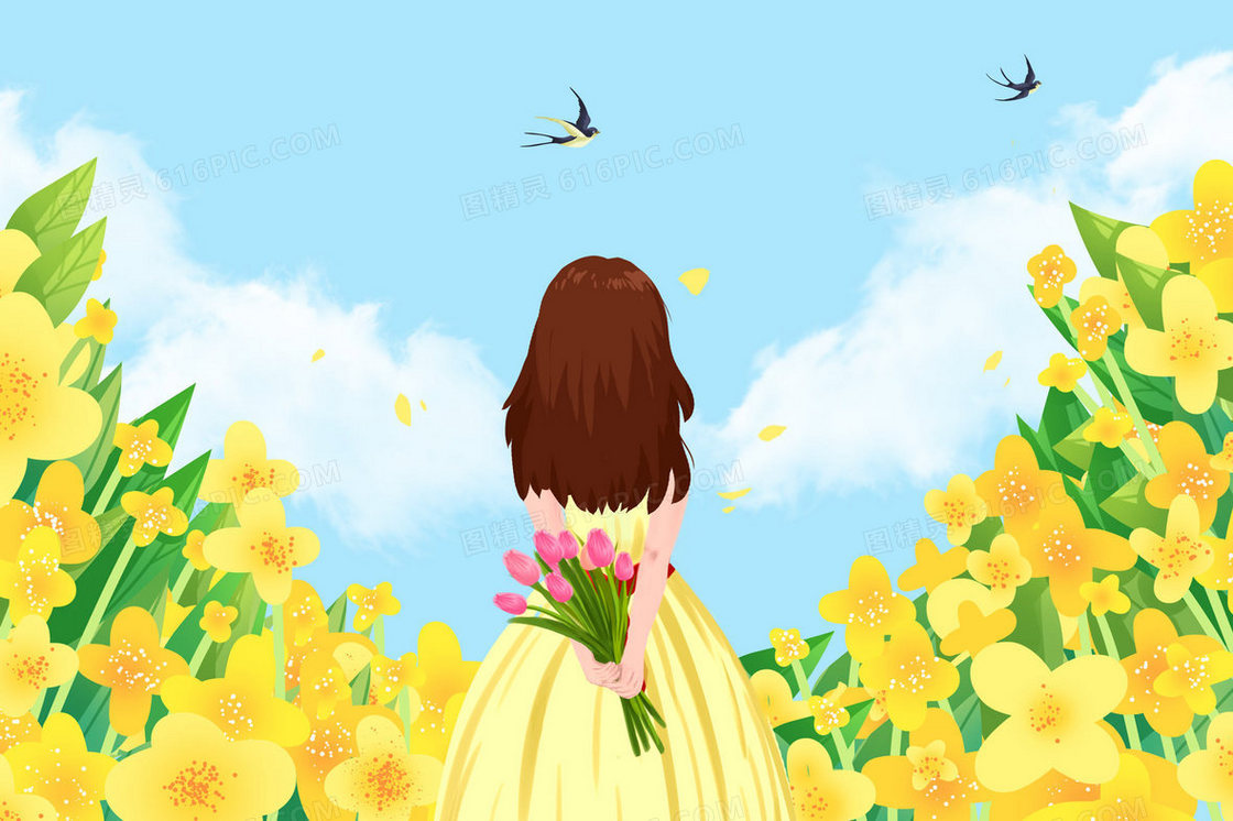 春天女孩在油菜花地手绘插画