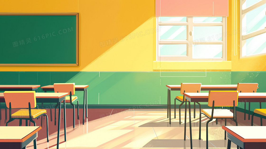 桌椅摆放整齐的教室插画
