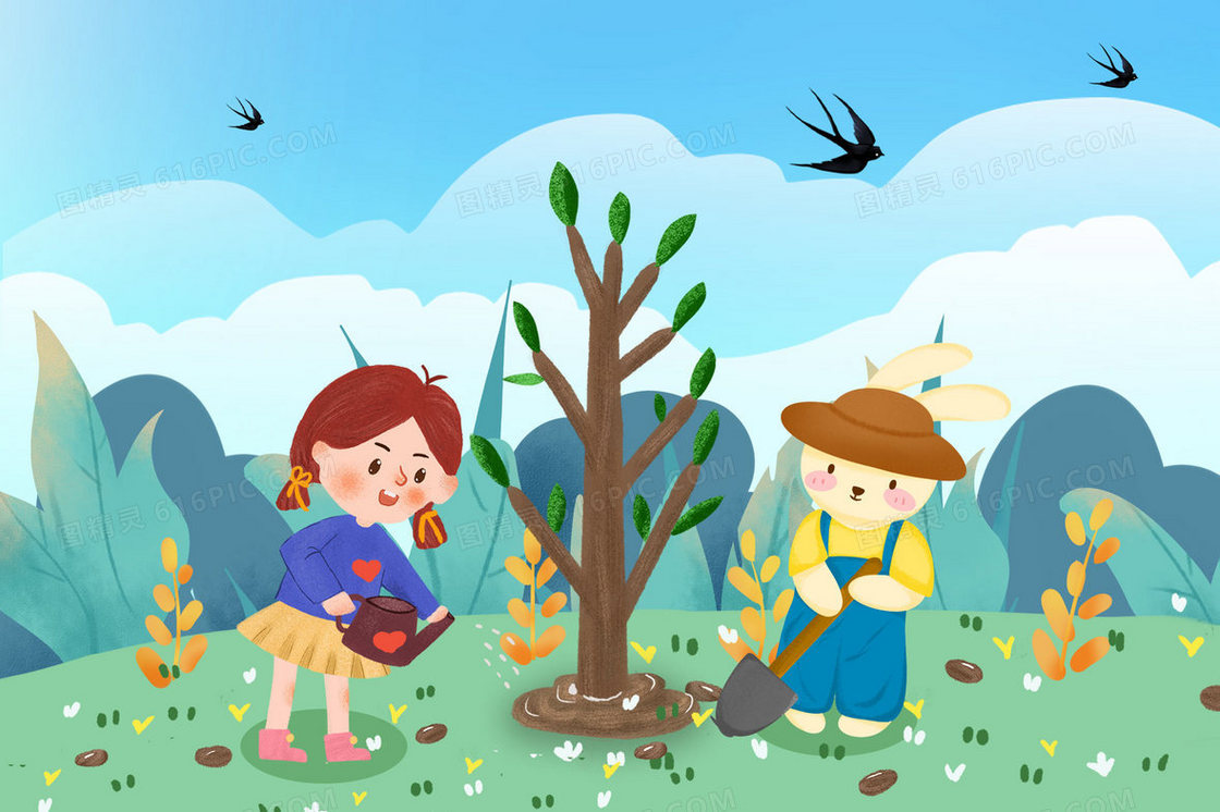 春天小女孩和小兔朋友一起植树手绘插画