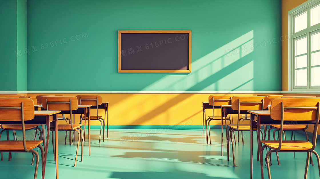 课桌整齐摆放的阳光照射的教室插画