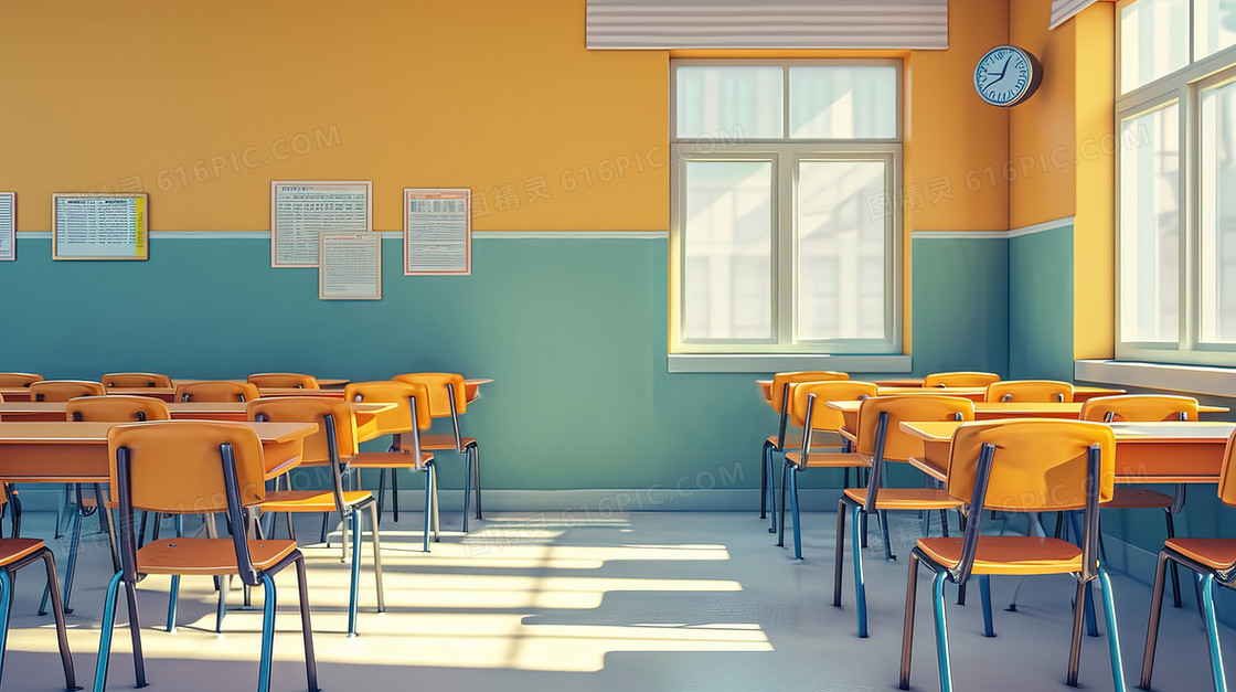 课桌整齐摆放的阳光照射的教室插画